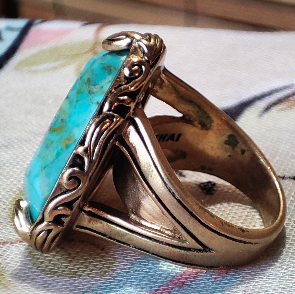 BARSE Triangle Gemstone Turquoise? Ornate Heavy Oversized Ring Brass Size 8 - Picture 5 of 9